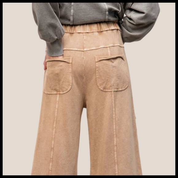 EASEL "Perfect Cargo" Terry Knit Mineral Washed Flared Leg Pants Raw Hem & Seams - Picture 7 of 15